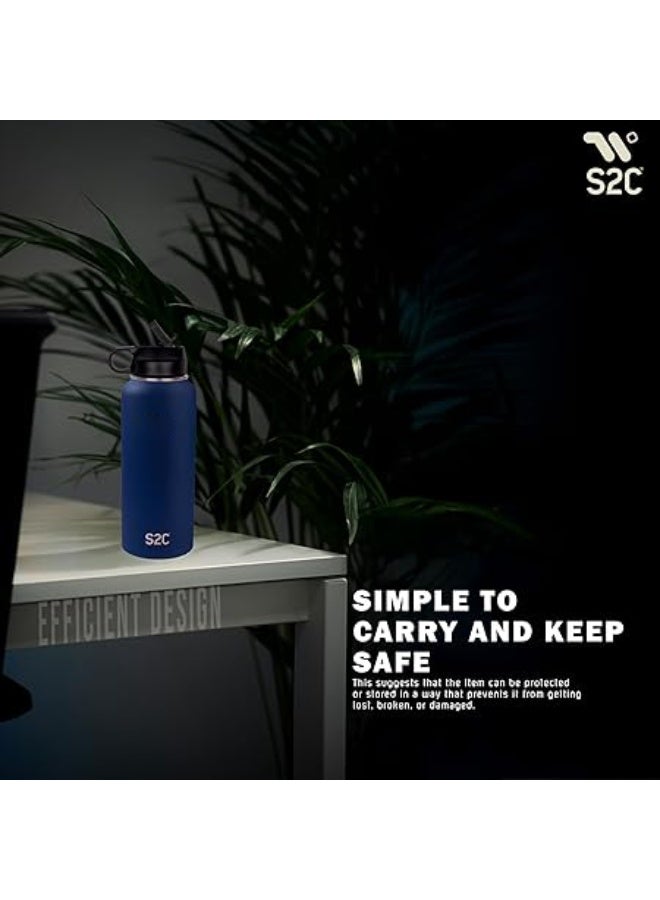 S2C 1200ml insulated water bottle, double wall, made of 18/8 stainless steel, with straw, suitable for sports, thermos, hot water bottle, gym bottle (blue) - Image 2